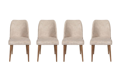Set moderno composto da 4 sedie, con gambe in legno in finitura noce chiaro opaco, tessuto effetto velluto color crema e dettaglio in similpelle color cioccolato fondente. Dimensioni cm 50x49x90h