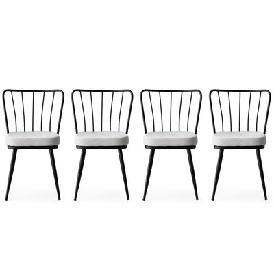 Set da 4 sedie moderne dal design minimal, struttura in metallo nero opaco con cuscino color bianco in tessuto effetto velluto. Dimensioni cm 43x42x82h