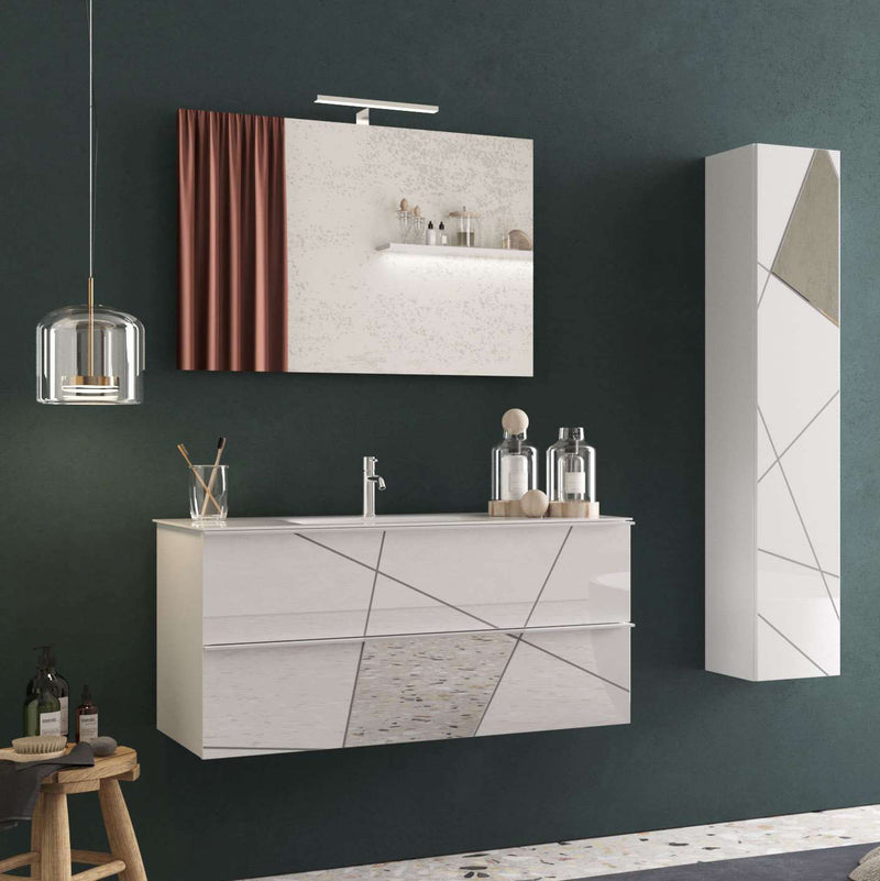 set bagno con mobile sospeso cm 100 con lavabo pensile verticale bianco lucido serigrafato e specchiera