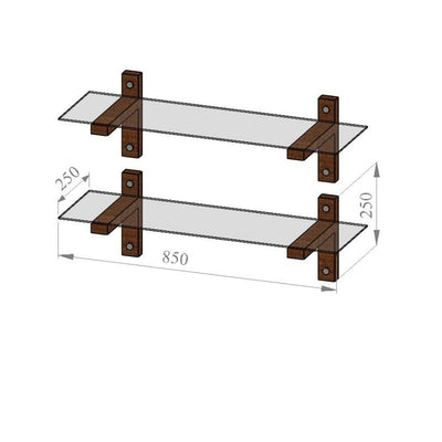 Set 2 mensole da parete in legno massello e vetro trasparente design cm 85x25x25h