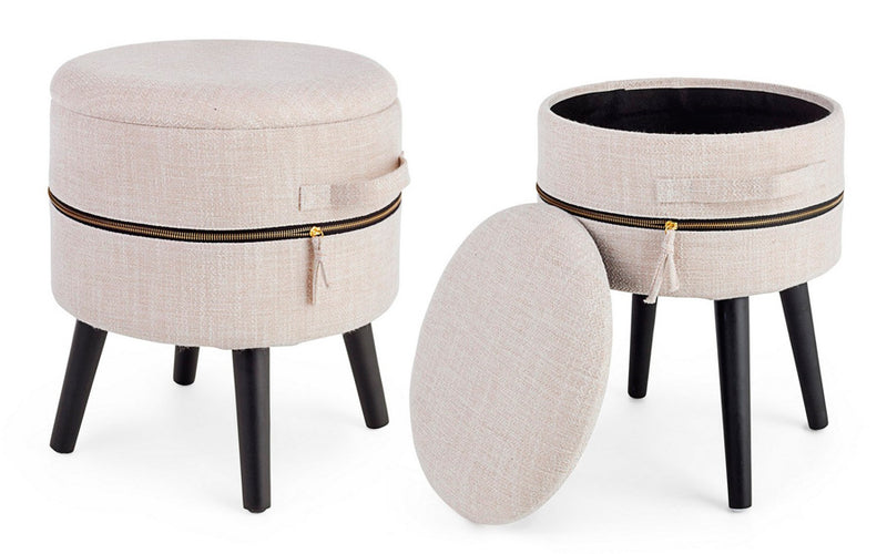 Set da 2 pouf moderno in tessuto bianco con contenitore gambe in legno