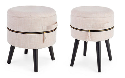 Set da 2 pouf moderno in tessuto bianco con contenitore gambe in legno