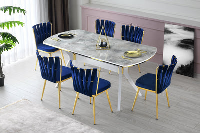 Set da 2 sedia design moderno in velluto blu navy gambe metallo dorate cm 43x43x82h