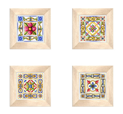 Set da 4 quadro vintage rilievo in ceramica cornice in legno massello beige cm 29x29