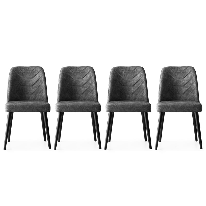 Set da 4 sedie in stile moderno, struttura in legno con gambe color nero opaco e seduta in tessuto effetto pelle color antracite. Dimensioni singola sedia cm 50x49x90h