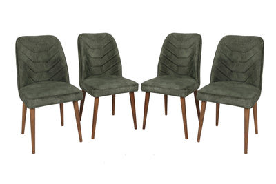 Set da 4 sedie moderne con gambe in legno color noce opaco dai toni caldi e seduta in tessuto in velluto color verde militare scuro. Dimensioni singola sedia cm 50x49x90h