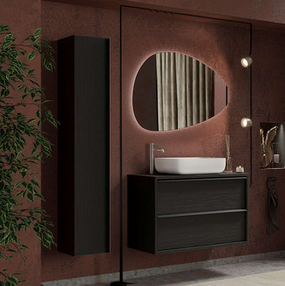 set composizione da bagno con mobile lavabo sospeso pensile verticale e specchio tondo