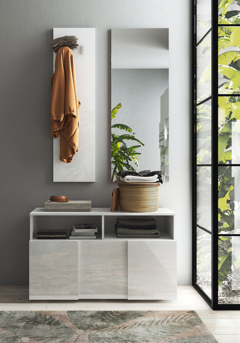 Yavari - Mobiletto basso panca da ingresso con anta a ribalta e vani bianco cm 91x36x51h