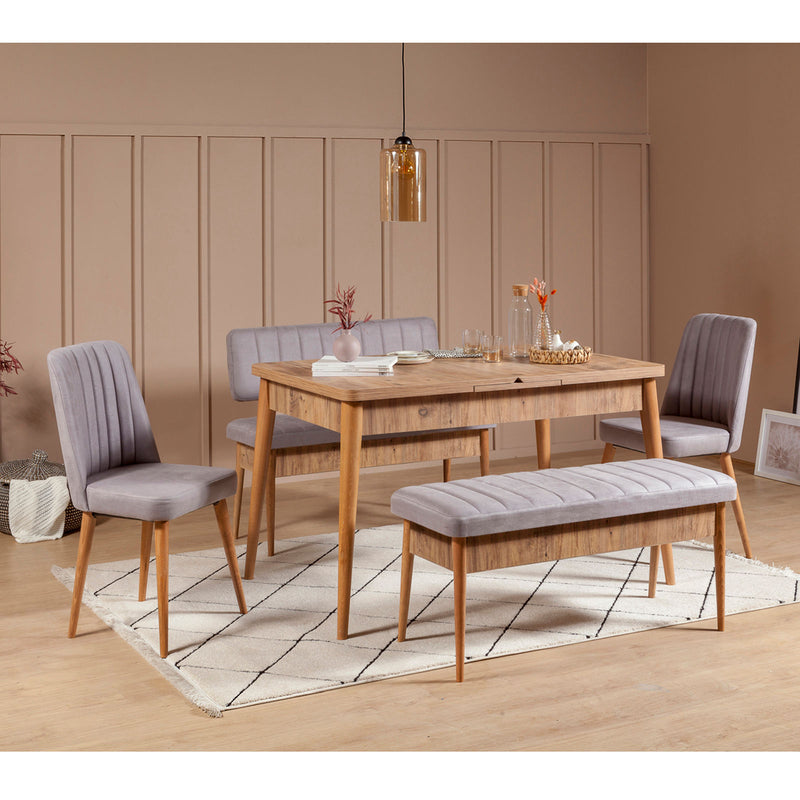 Set tavolo allungabile con 2 sedie e 2 panche design moderno in legno e tessuto - vari colori