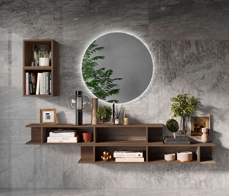 set da ingresso soggiorno con mensole libreria e vani a giorno colore rovere Mercure