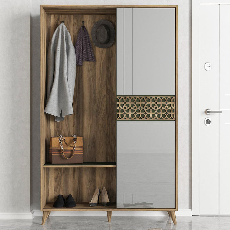 Mobile ingresso con anta a specchio in legno color noce opaco e appendiabiti a 3 ganci in stile vintage