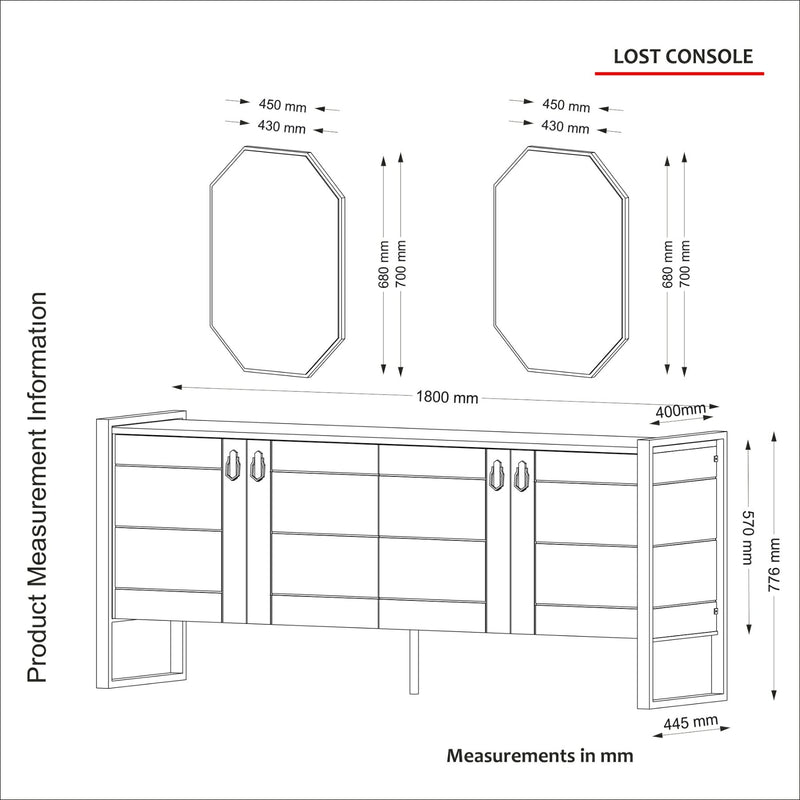 Set per ingresso mobile credenza a 4 ante in legno e 2 specchi da muro decorativi