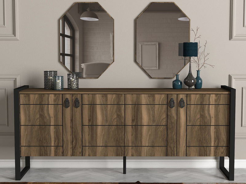 Set per ingresso dotato di mobile credenza a 4 ante in legno noce scuro opaco e gambe e maniglie in metallo nero opaco, più 2 specchi ottagonali inclusi, stile vintage e moderno