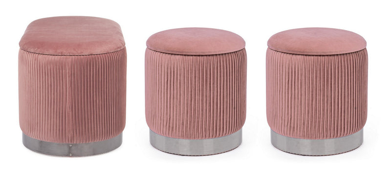 Set panca ovale e 2 pouf contenitore rotondo in velluto colore rosa base argento