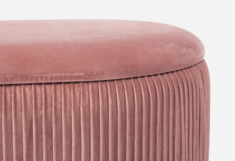 Set panca ovale e 2 pouf contenitore rotondo in velluto colore rosa base argento