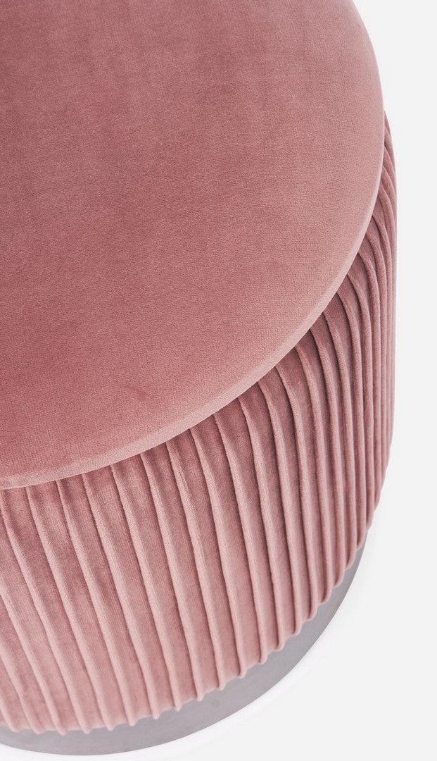 Set panca ovale e 2 pouf contenitore rotondo in velluto colore rosa base argento