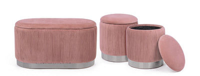 Set panca ovale e 2 pouf contenitore rotondo in velluto colore rosa base argento