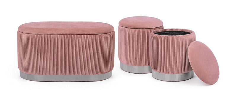 Set panca ovale e 2 pouf contenitore rotondo in velluto colore rosa base argento