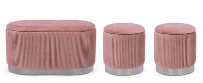 Set panca ovale e 2 pouf contenitore rotondo in velluto colore rosa base argento