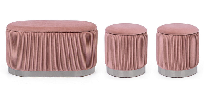 Set panca ovale e 2 pouf contenitore rotondo in velluto colore rosa base argento
