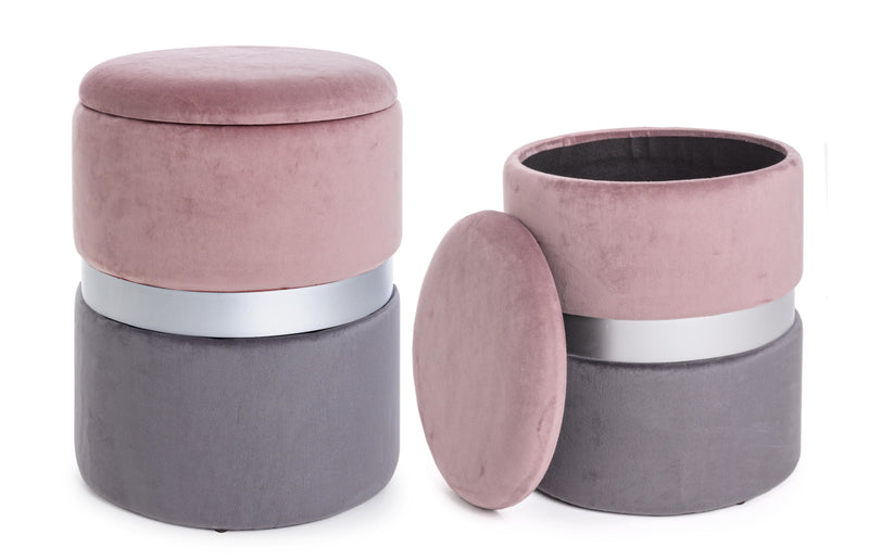 pouf contenitore in velluto rosa e grigio