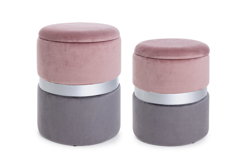 pouf contenitore in velluto rosa e grigio
