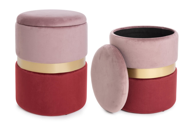 pouf contenitore in velluto rosa e bordeaux