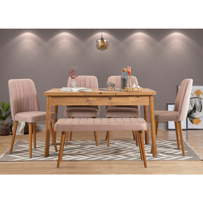 Set sala da pranzo in stile moderno con 4 sedie, panca e tavolo apribile allungabile. Struttura in legno e tessuto, colori rosa antico e pino atlantico opaco 