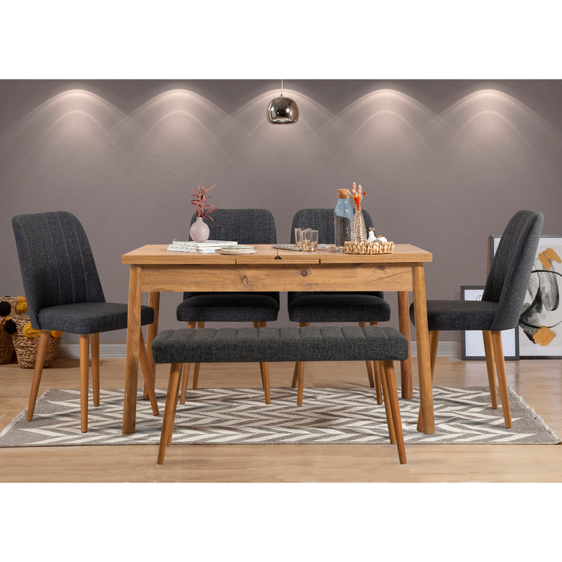 Set da pranzo in stile moderno in legno colore pino atlantico opaco e tessuto effetto jeans color antracite chiaro. Set composto da 4 sedie, tavolo apribile e allungabile e panca