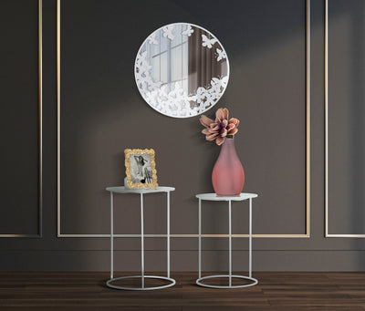 Set da 2 Tavolino tondo da salotto in metallo con farfalle piano con vetro