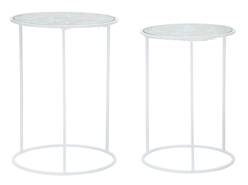 Set da 2 Tavolino tondo da salotto in metallo con farfalle piano con vetro