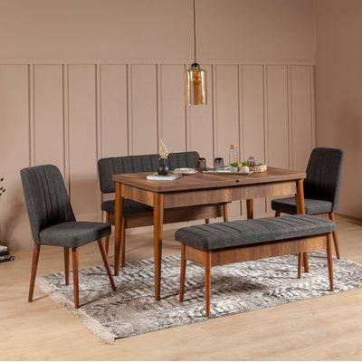 Set tavolo da pranzo in legno moderno con tessuto effetto jeans colore grigio. Tavolo allungabile, con 2 sedie, una panca apribile e una panca con schienale apribile. 