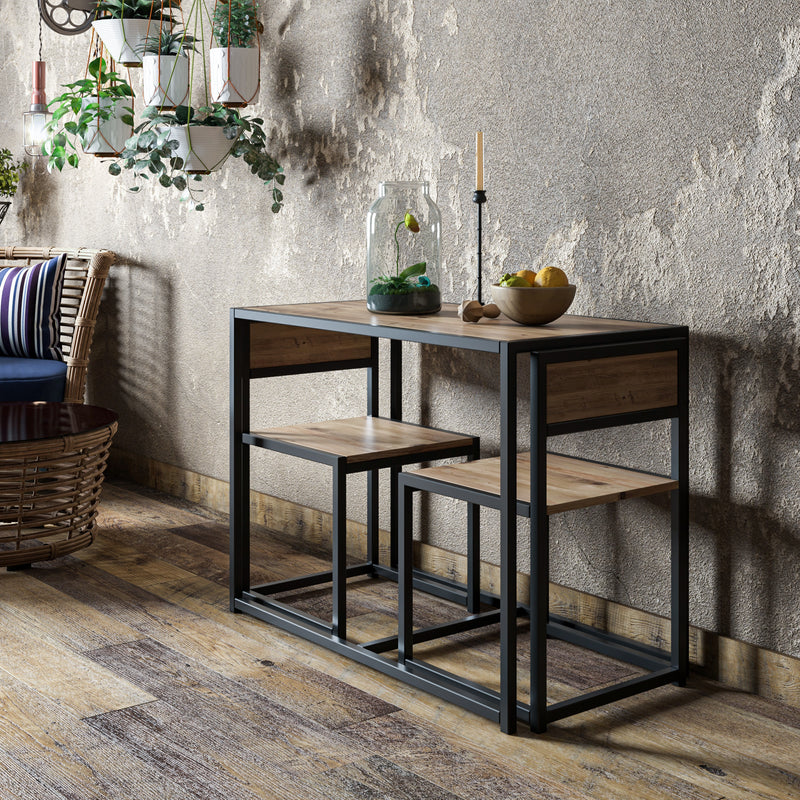 Set 2 sedie e tavolo rettangolare fisso design industrial in legno con struttura in metallo