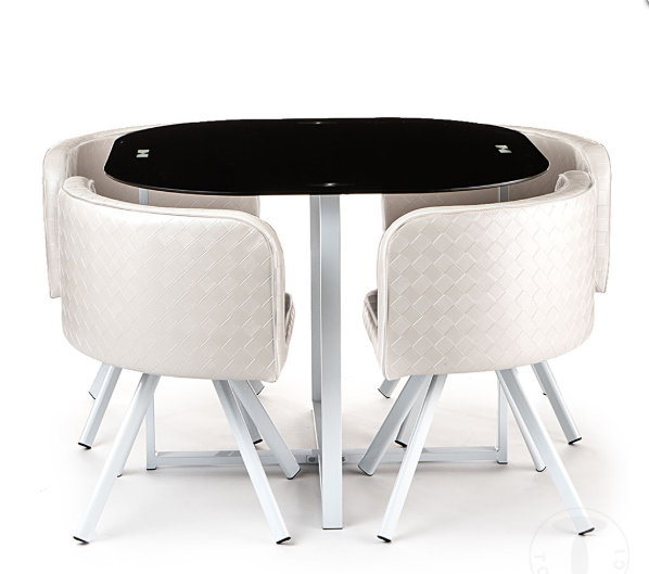 Set tavolo e 4 sedia design moderno gambe in metallo piano tavolo in vetro