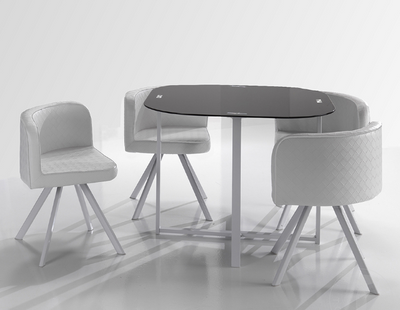 Set tavolo e 4 sedia design moderno gambe in metallo piano tavolo in vetro
