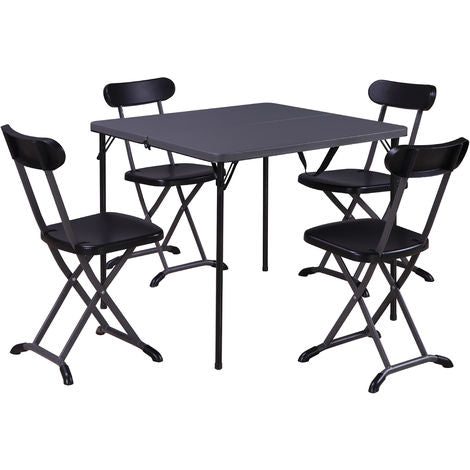Set da pranzo in metallo con tavolo chiudibile e sedie pieghevoli colore nero