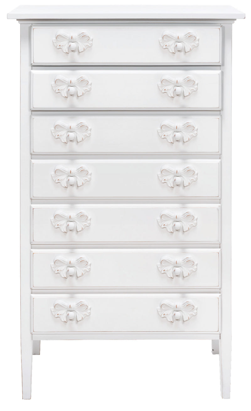 Cassettiera shabby settimanale in legno bianco con fiocchetti cm 84x47x138h