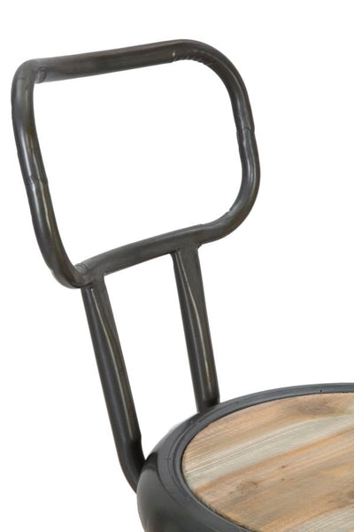 Sgabello industriale tondo alto da bar o cucina in ferro con seduta in legno di abete