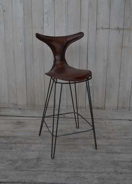 Sgabello in pelle e metallo con schienale stile industrial cm 49x49x108h