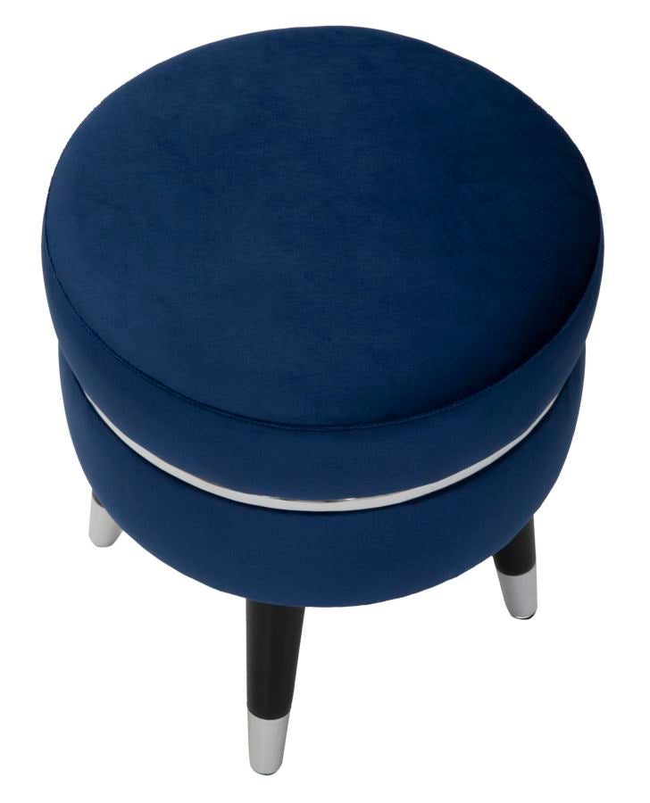 sgabello basso moderno in legno e seduta in velluto blu