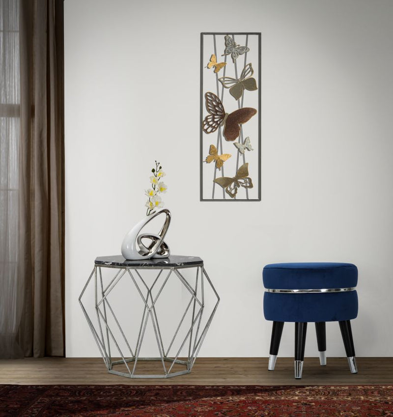 sgabello basso moderno in legno e seduta in velluto blu