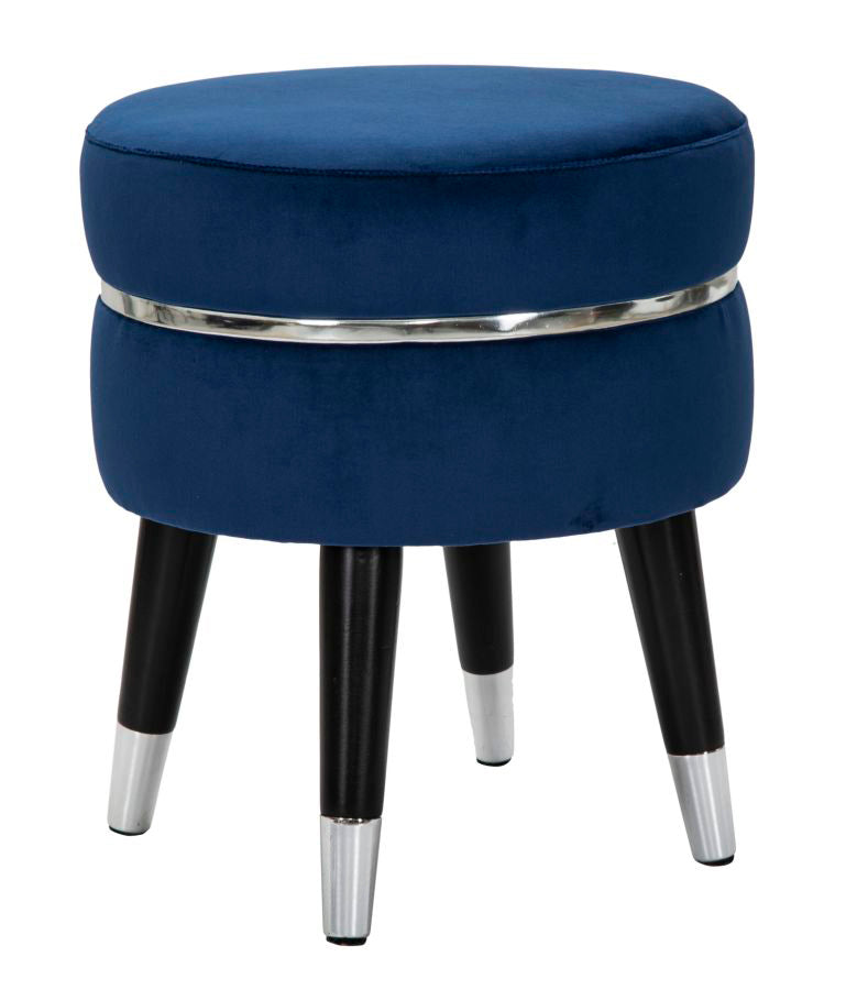 sgabello basso moderno in legno e seduta in velluto blu