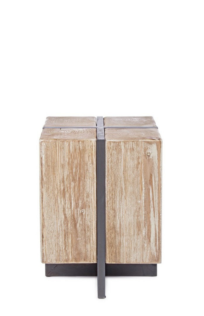 Sgabello basso stile industriale in metallo e legno di abete naturale cm 32x32x45h