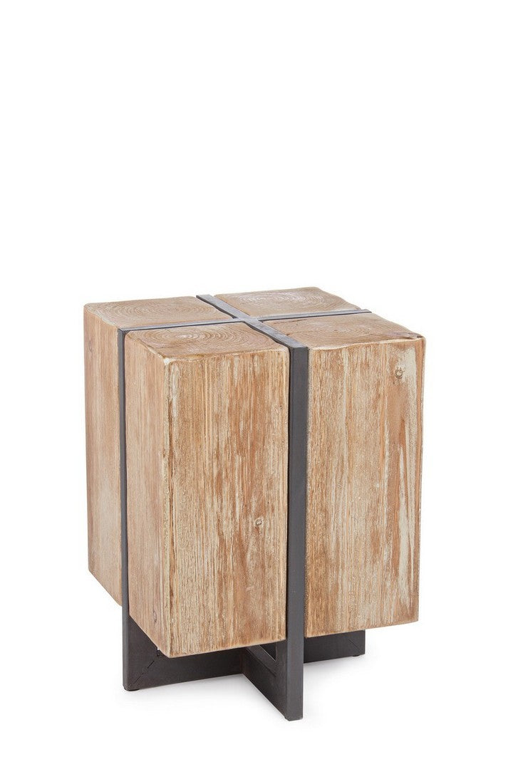 Sgabello basso stile industriale in metallo e legno di abete naturale cm 32x32x45h