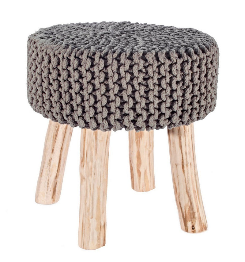 Sgabello basso tondo gambe in legno seduta rivestita in cotone lavorato cm Ø 40x40h