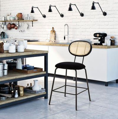 Sgabello alto da bar cucina in metallo e velluto colore nero con schienale cm 47x57x98h
