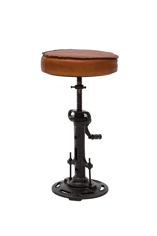 Sgabello industrial con seduta in cuoio e manovella cm 32x32x51h