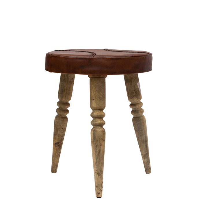 Sgabello tondo in legno e cuoio stile country cm 41x41x50h