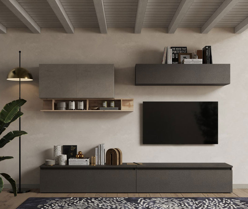 parete design moderno con porta tv pensile cubi colore lava e ergilla
