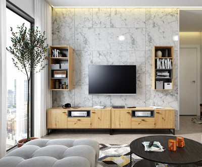 Carabia - Composizione soggiorno con mobile tv e pensili stile industriale in legno - vari colori